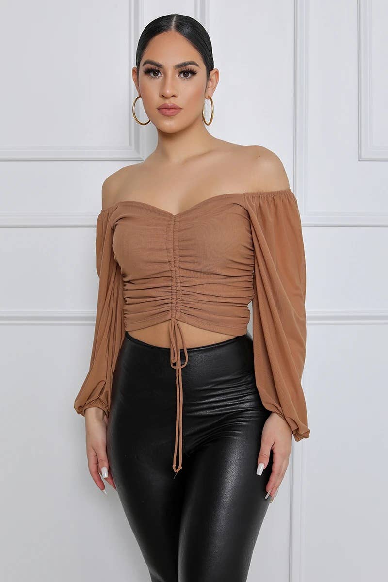 SOLID COLOR MESH ONE-LINE SHOULDER SLEEVED BLOUSE