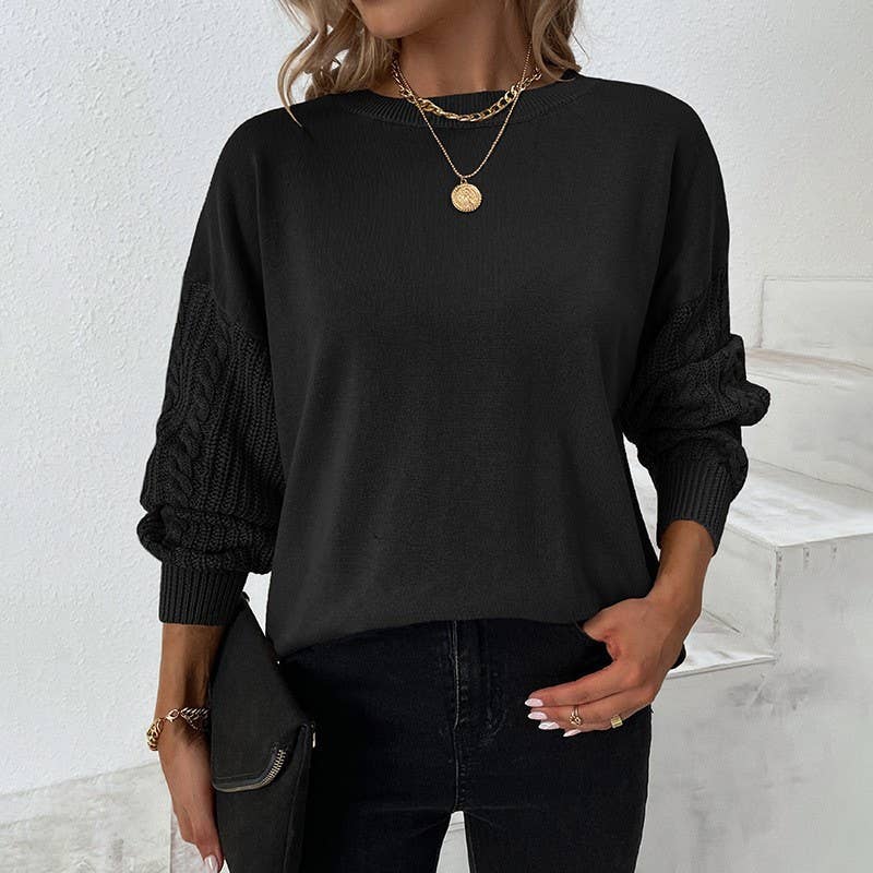 SOLID COLOR ROUND NECK LANTERN SLEEVE SWEATER