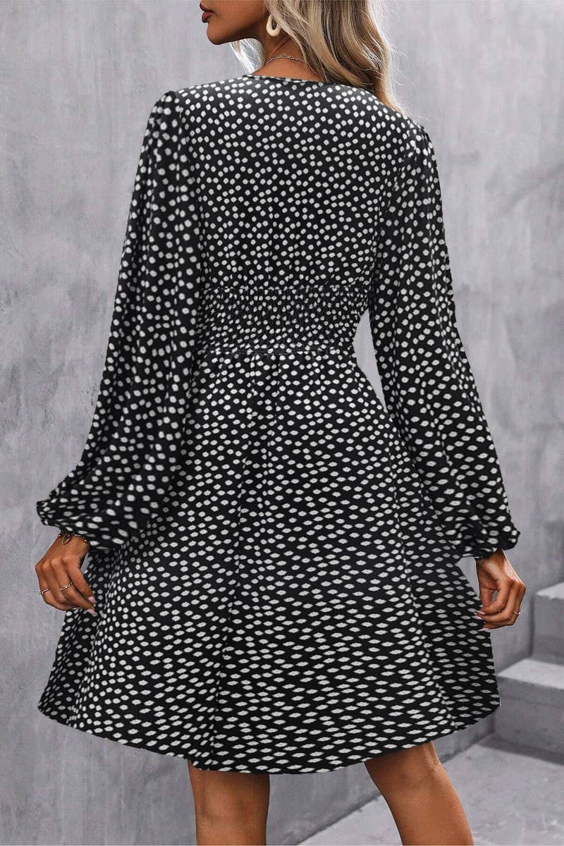 CWDSD8399_V NECK LANTERN SLEEVE RUCHED WAIST DRESS