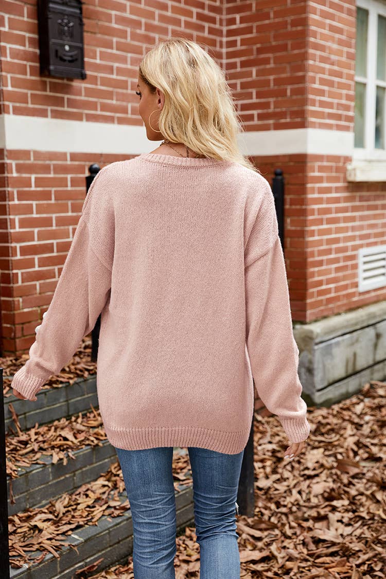 SLOUCHY ROUND NECK FLOWER STEREO CROCHET SWEATER