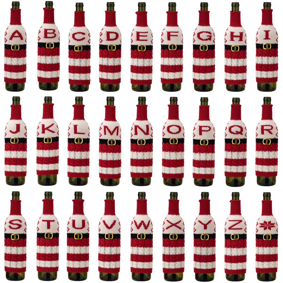 CWMM10337_KNITTED LETTER WINE BOTTLE COVER RED WHITE STRIPES