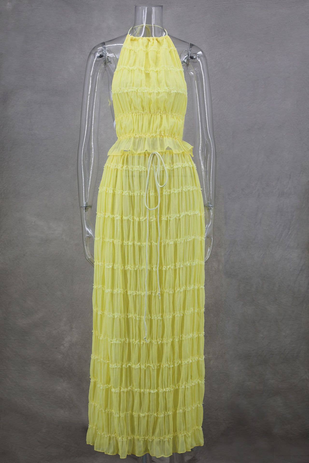 Sexy Backless Halter Lace Trim Cami Maxi Set