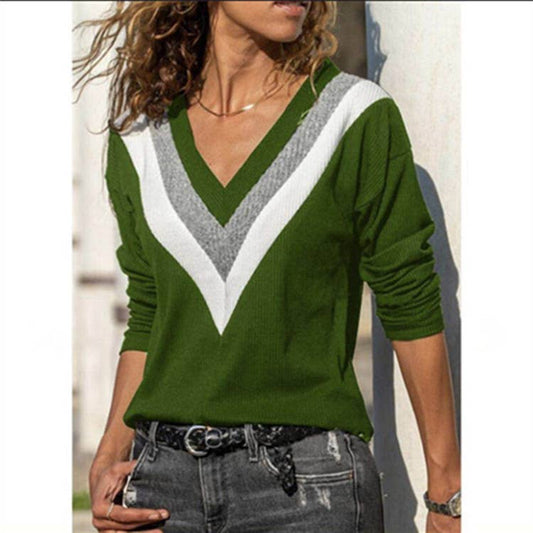V-NECK LONG SLEEVE COLOR CONTRAST SWEATER