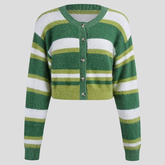 STRIPED JERSEY CARDIGAN AMERICAN CREWNECK SWEATER