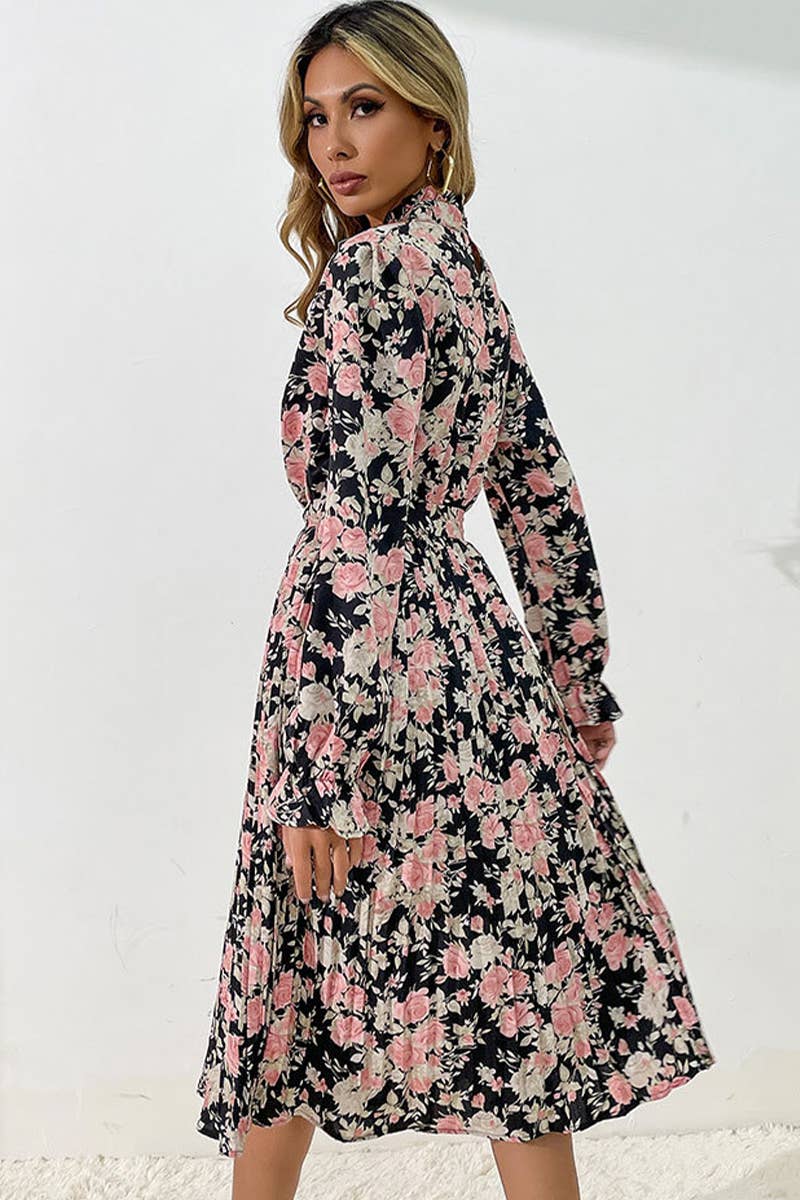 PRINTED LONG-SLEEVED HALF-TURTLENECK DRESS