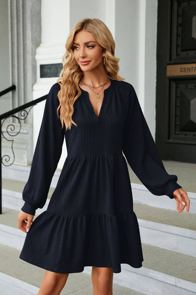 CWDSD6464_AUTUMN WINTER V-NECK LONG-SLEEVED DRESS SHORT