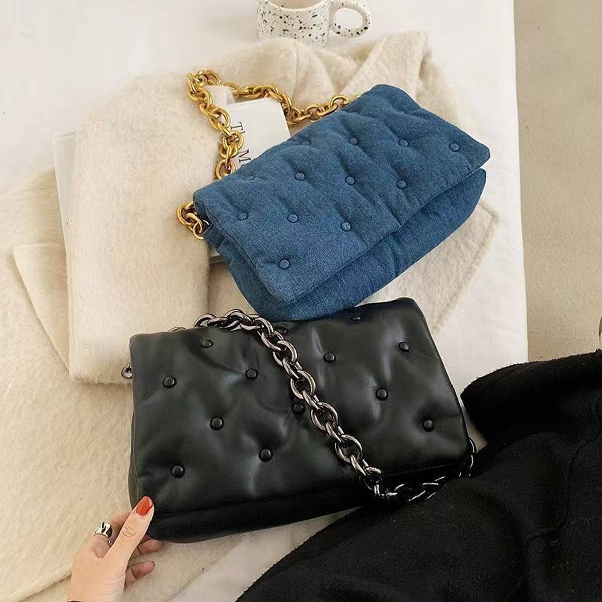 NEW FASHION BLUE DENIM CHAIN SHOULDER PILLOW BAG_CWAB3424