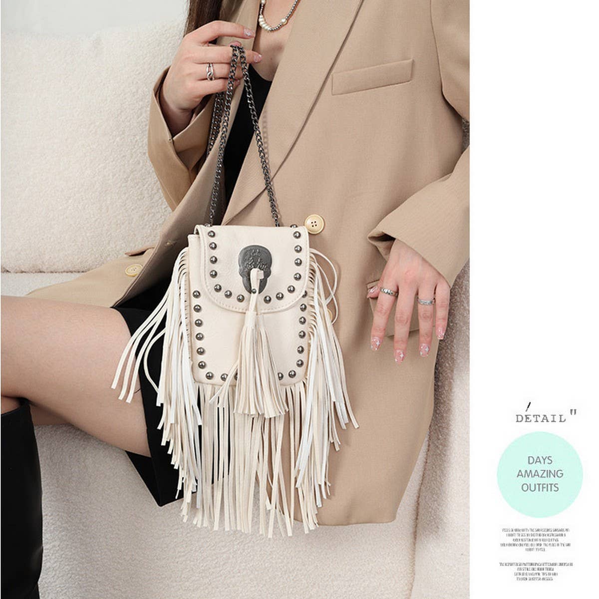 CWAB4543_RIVET TASSEL CHAIN SHOULDER CROSSBODY BAG