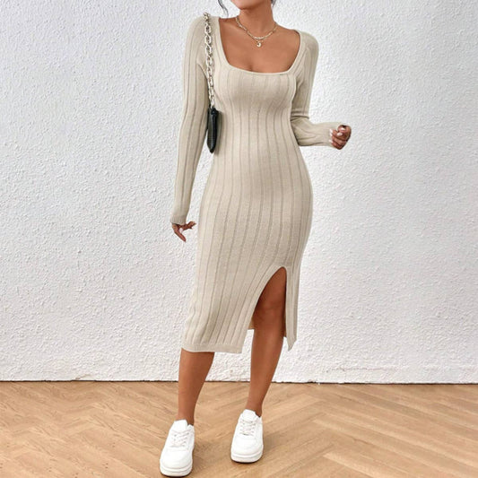 Square-neck long-sleeved solid-color dress