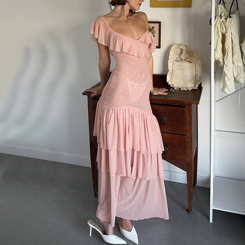 Ruffled V-Neck Mesh Backless Midi Dress