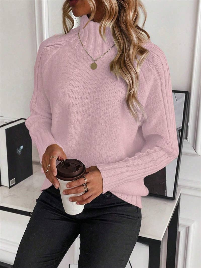 Solid-colored high-neck long-sleeved sweater