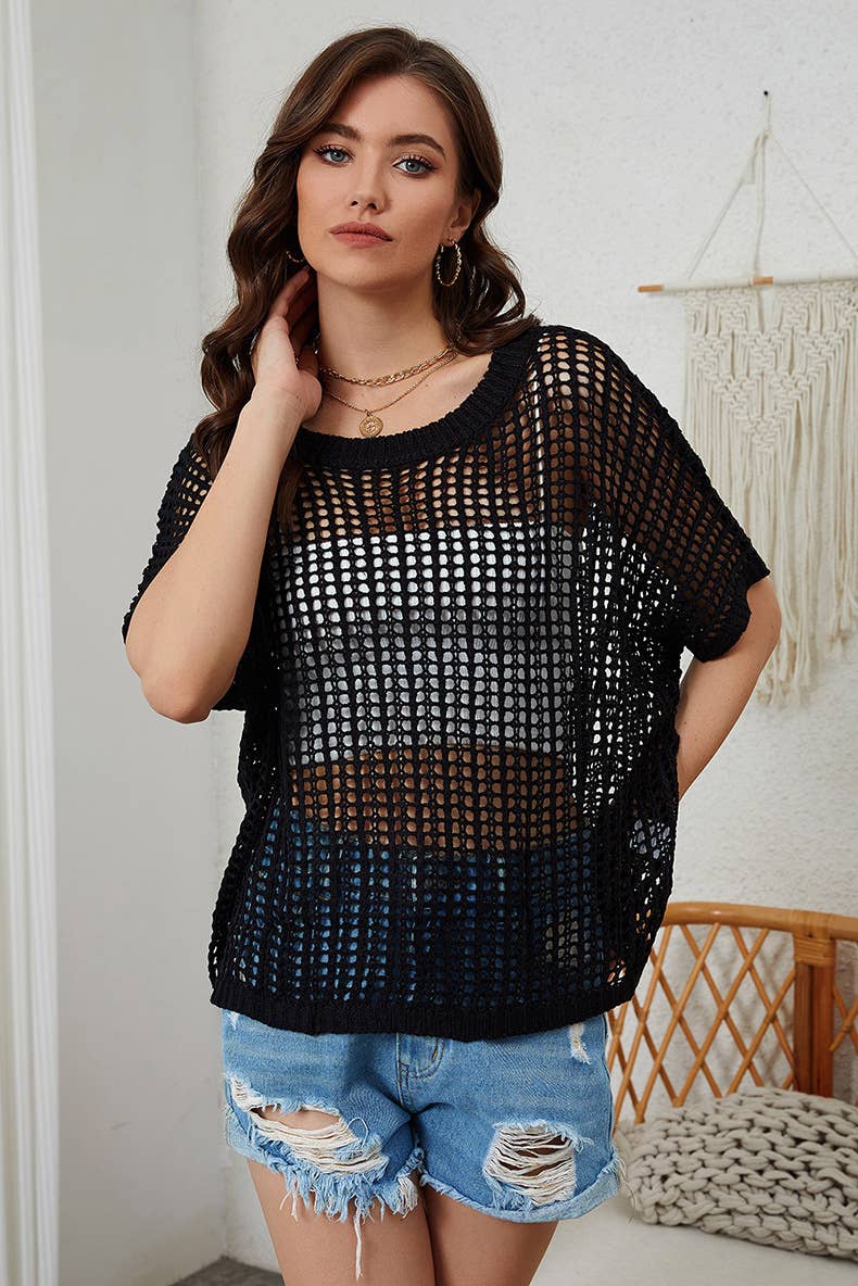 Fishnet knit ribbed crew neck short-sleeved smock