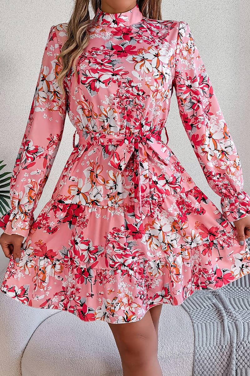 CWDSD6422_FLORAL TURTLENECK LONG SLEEVE PEPLUM DRESS SHORT