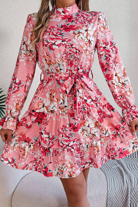 CWDSD6422_FLORAL TURTLENECK LONG SLEEVE PEPLUM DRESS SHORT