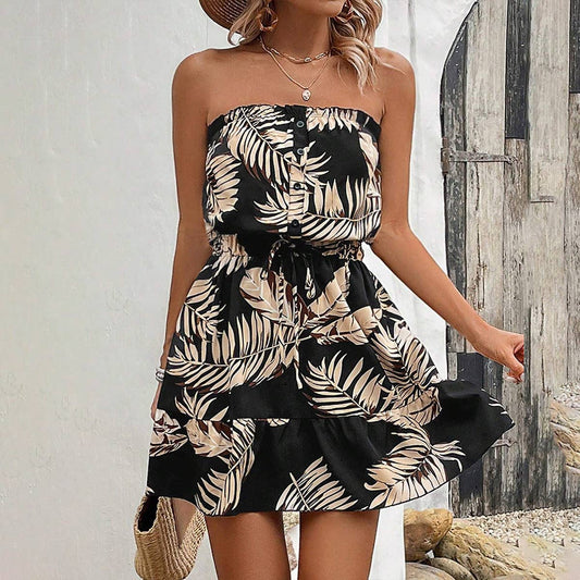 Strapless,cinched waist lace-up printed dress