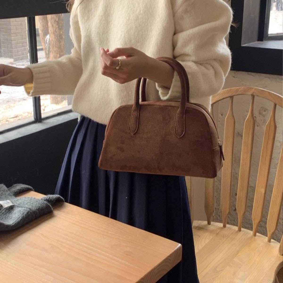 FASHION SIMPLE BROWN SUEDE BOSTON BAG HANDBAG_CWAB4114
