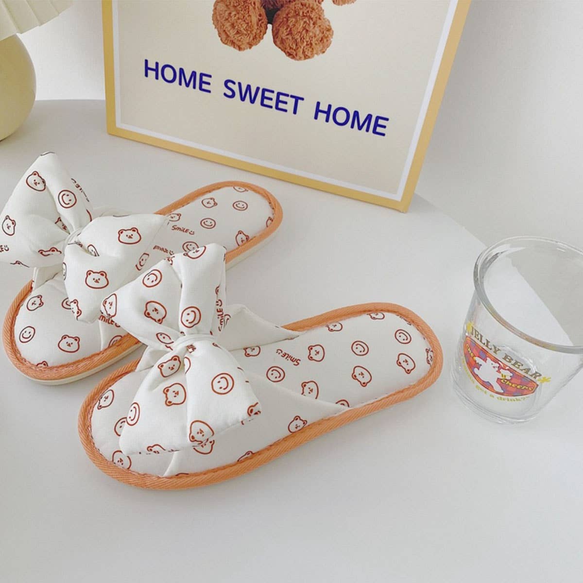 KLEIN BLUE SMILEY BEAR BOW SLIPPERS FOR WOMEN