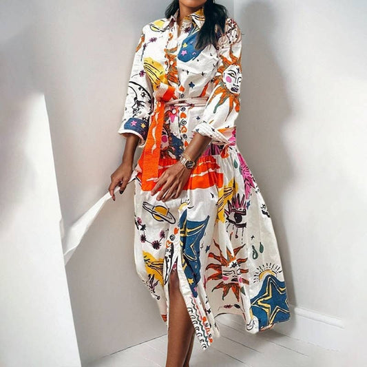 WHIMSICAL PAINTED PATTERN SIDE SLIT PRINTED DRESS