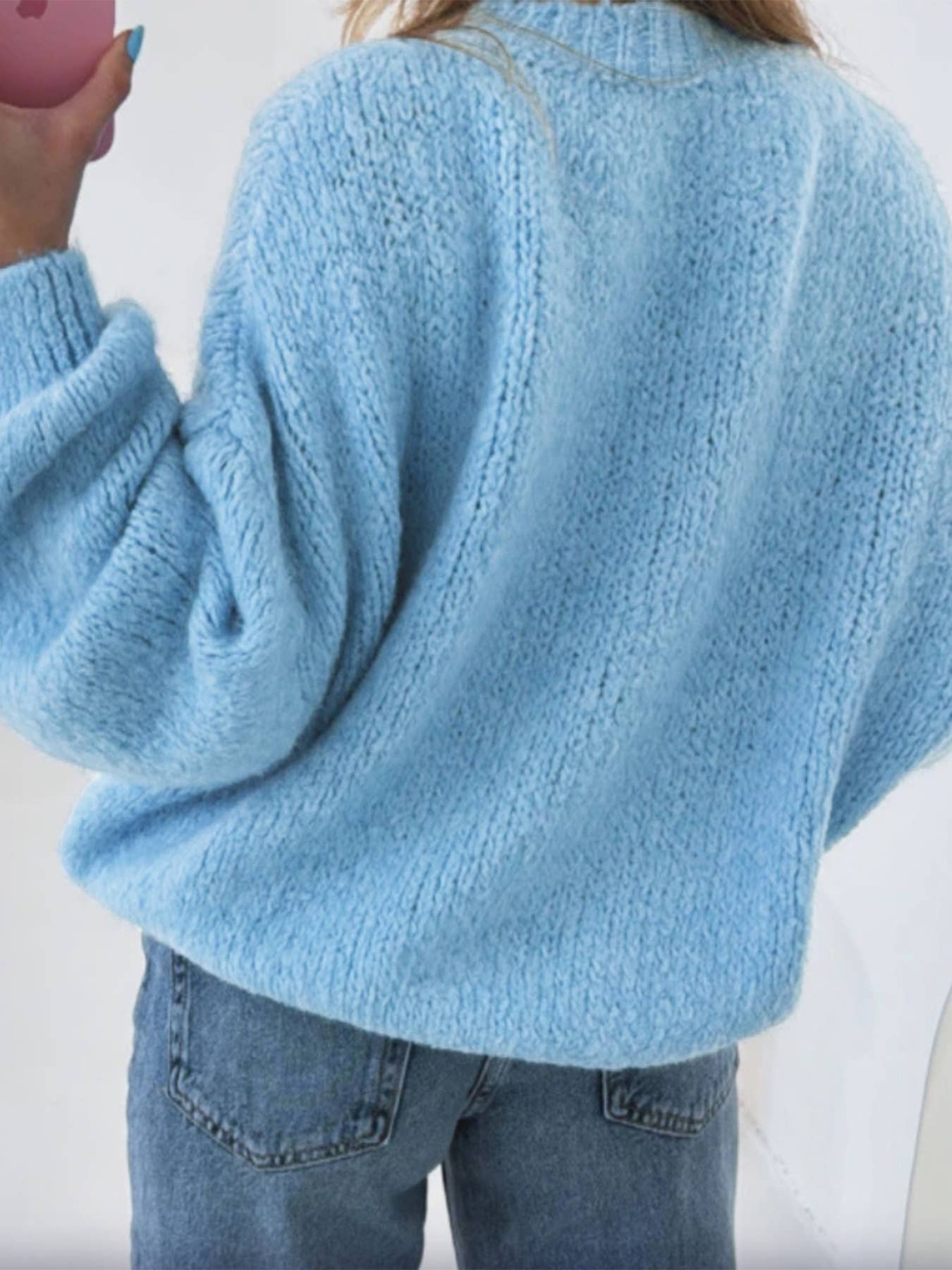 Lantern sleeve pullover solid-color knit sweater