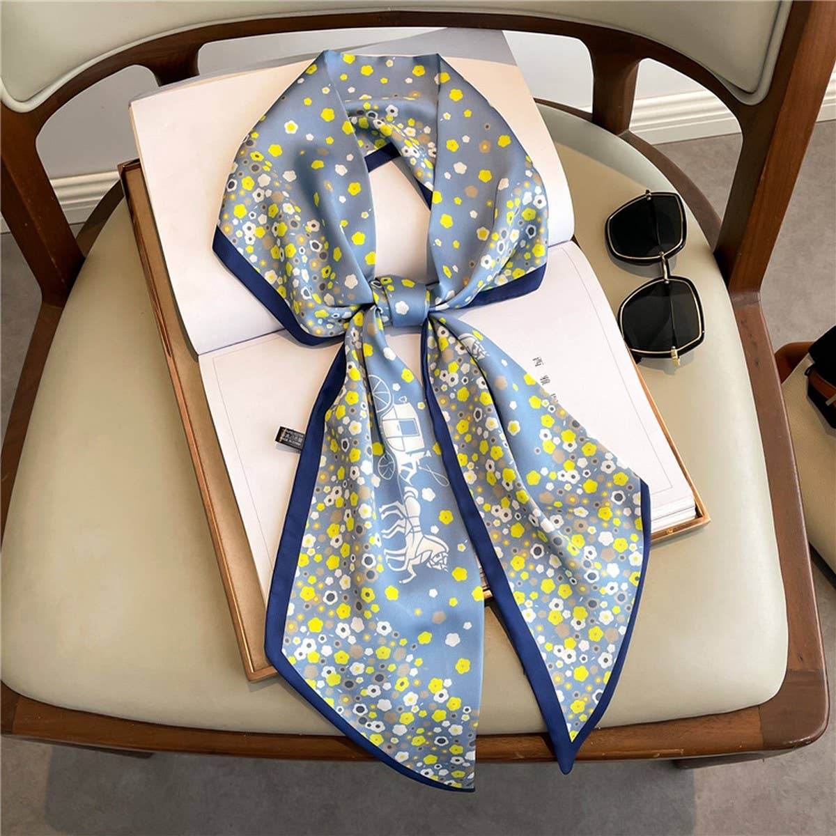 NARROW RIBBON ANGLED PRINTED SILK  HEAD SCARF
