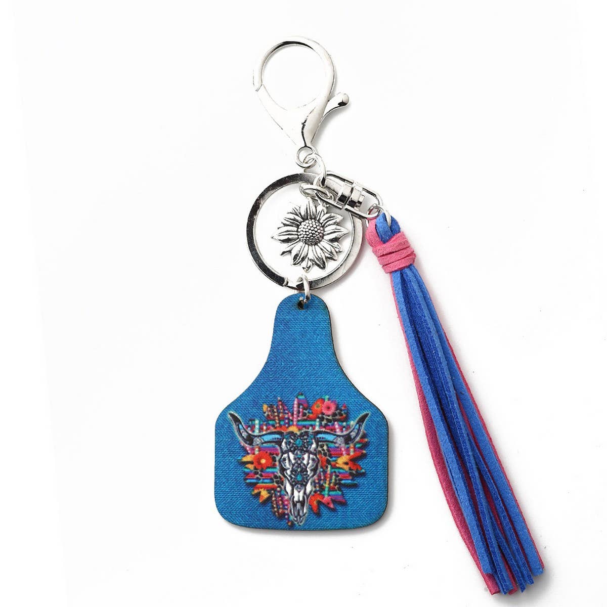 Western Bull Head Leather Tassel Sunflower Keychain_CWAB5089