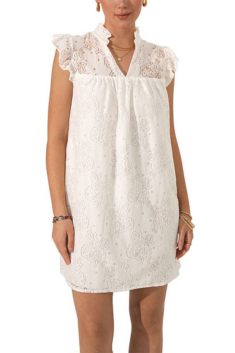CWDSD8293_WHITE LACE V-NECK SLEEVELESS MINI DRESS