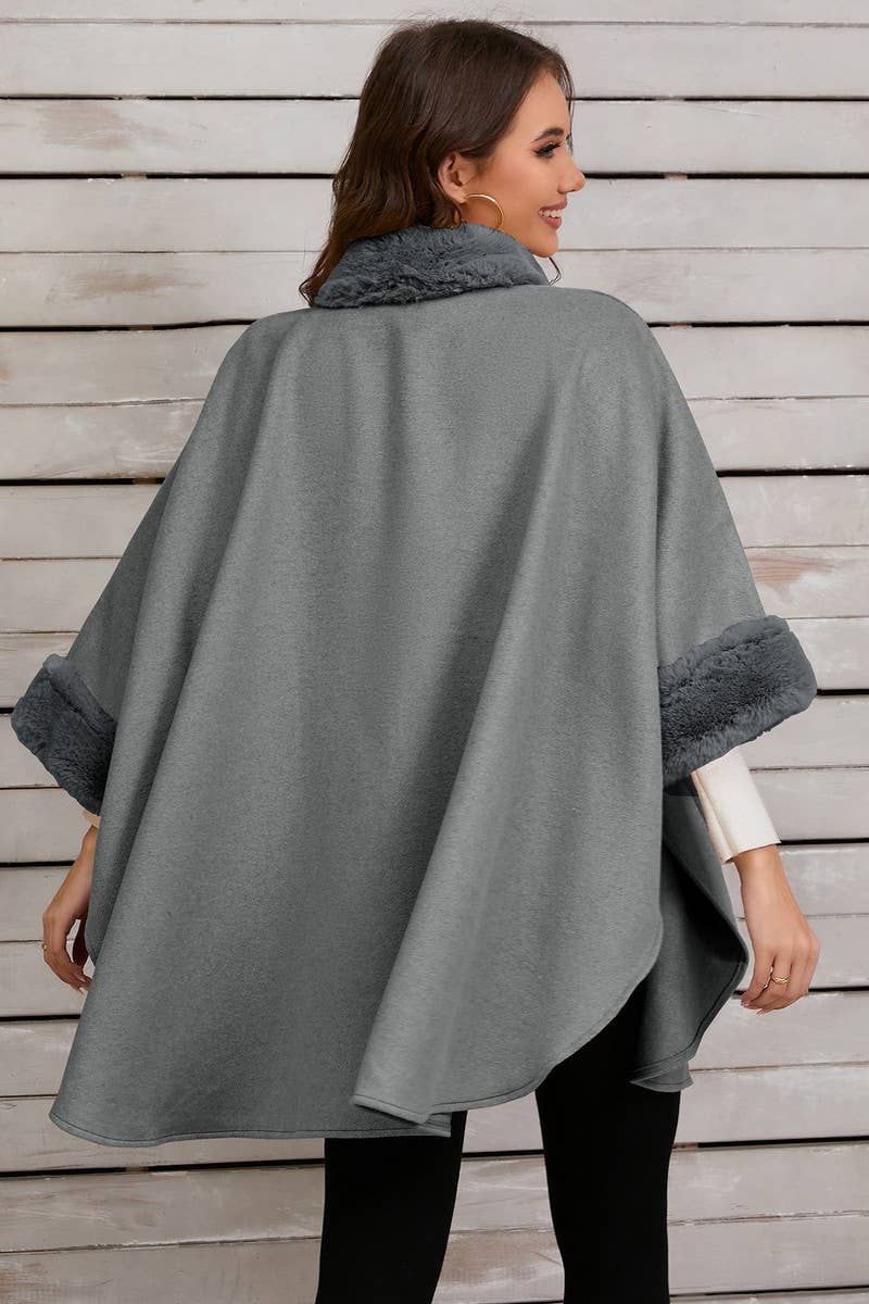 CWOCO0950_SOLID COLOR FUR COLLAR CAPE COAT