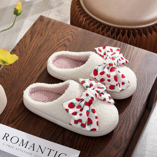 Strawberry Bow Slippers Thick Fuzzy Home Shoes_CWSHF00213