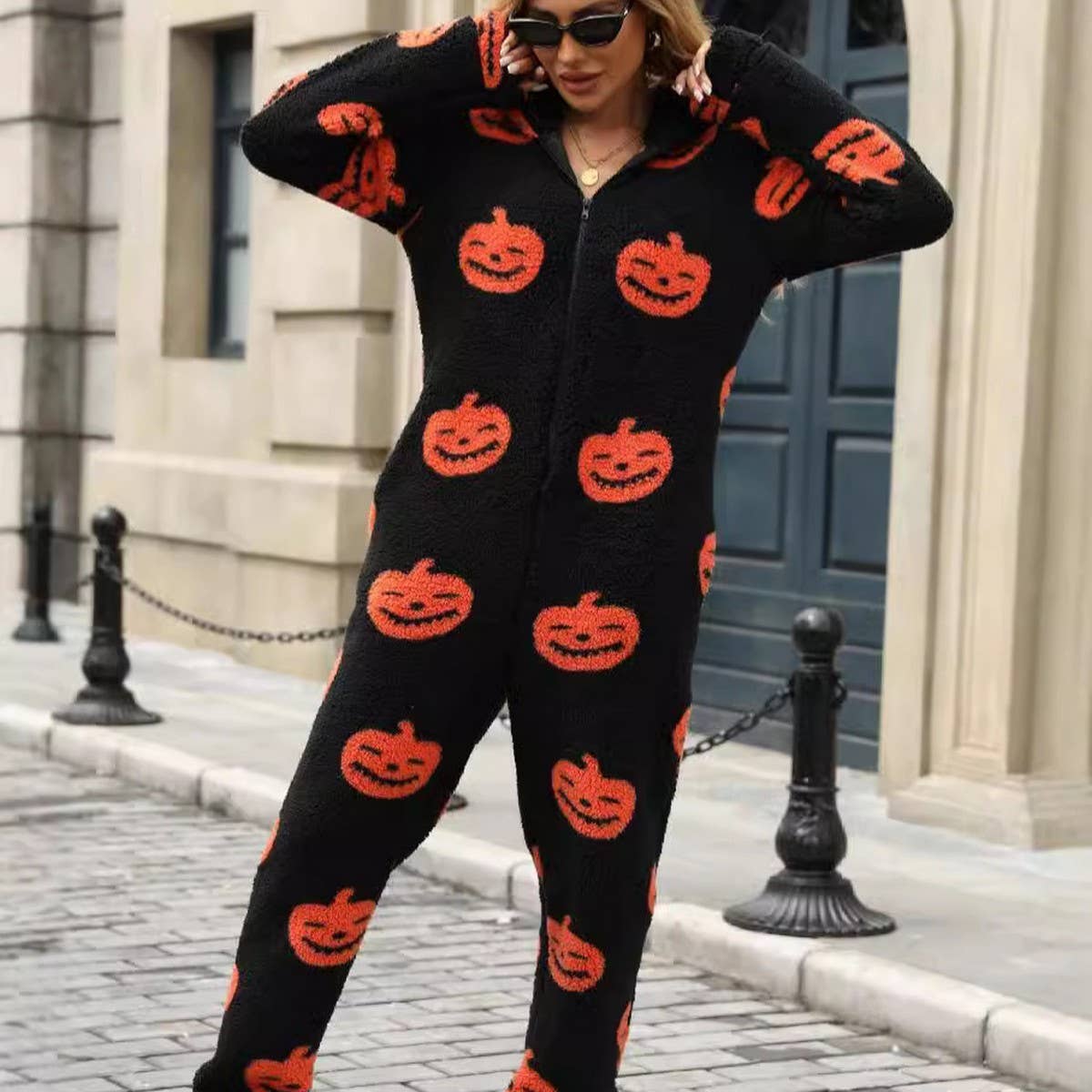 Pumpkin print zipper loose plush jumpsuit