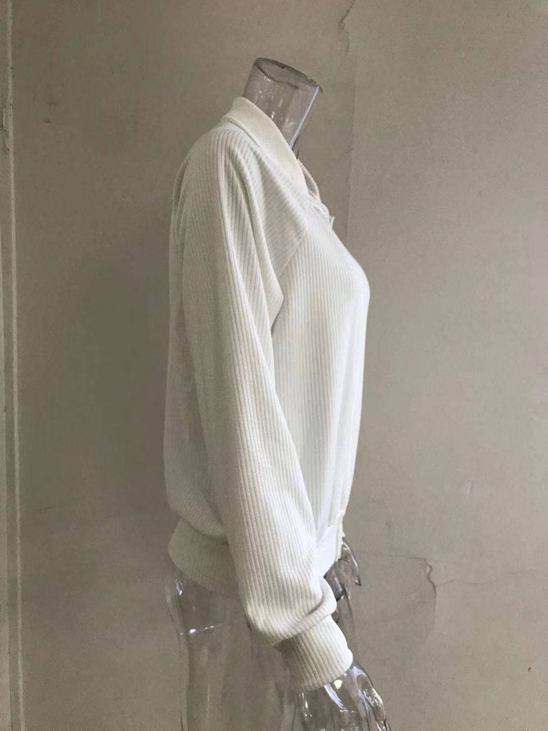 STRIPED LAPEL SOLID COLOR KNIT ZIPPER CARDIGAN