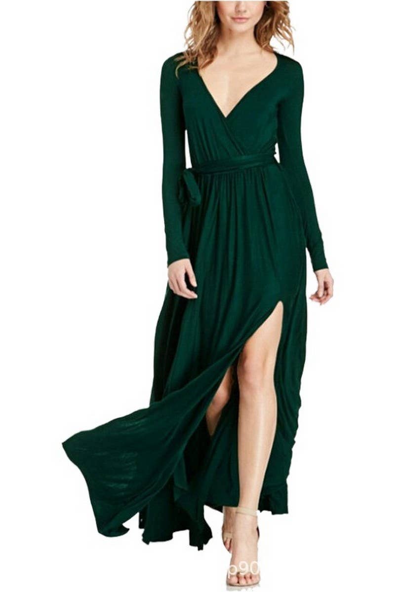 CWDMD01136_SOLID LONG SLEEVE V NECK SEXY DRESS