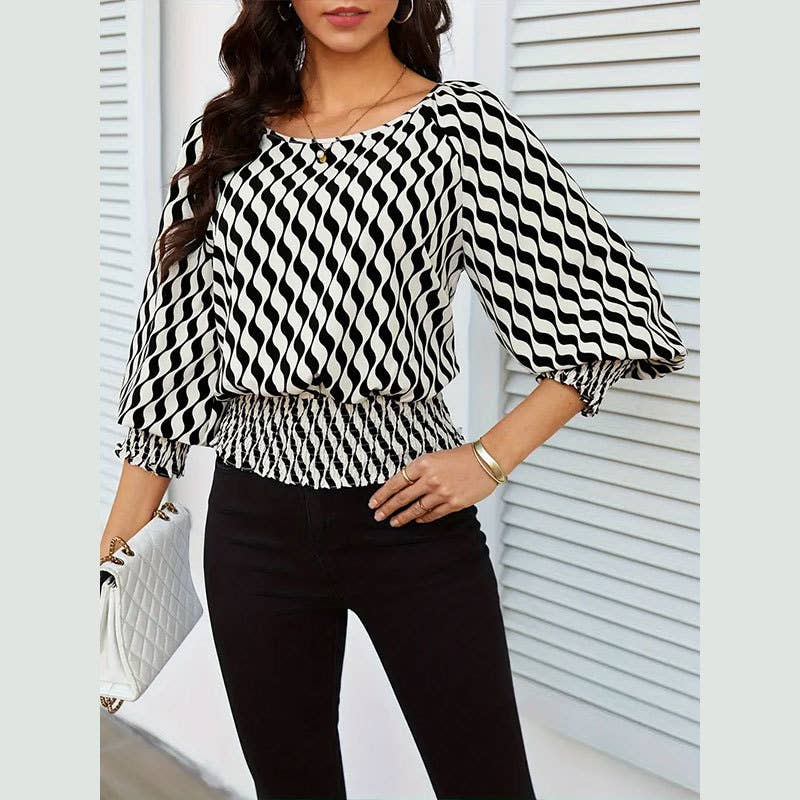 WAIST-IN COLOR CONTRAST PRINTED LONG SLEEVET-SHIRT