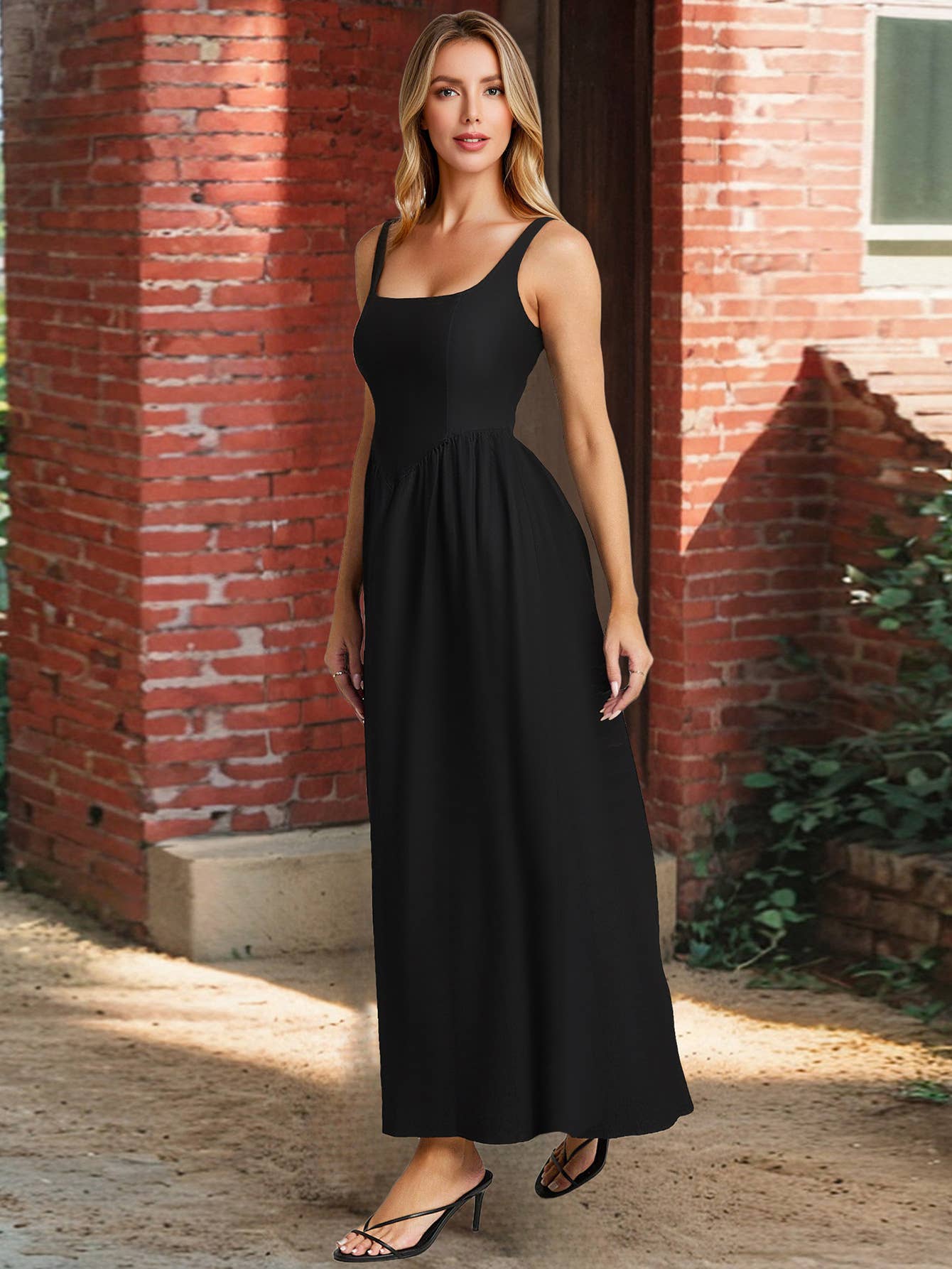 Solid-color elegant square-neck halter dress