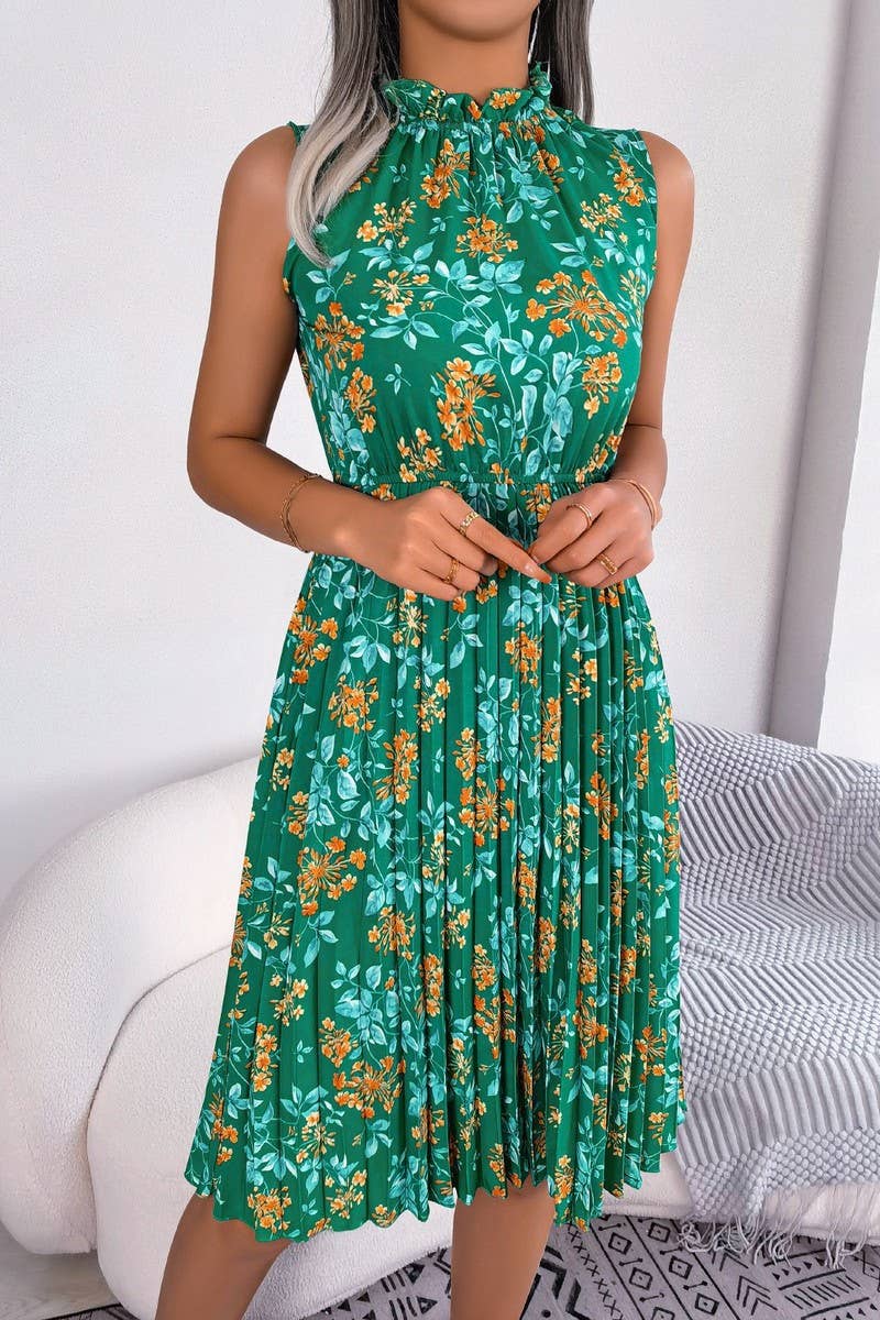 WOMEN FLORAL WAIST PLEATED DRESS_CWDSD2520