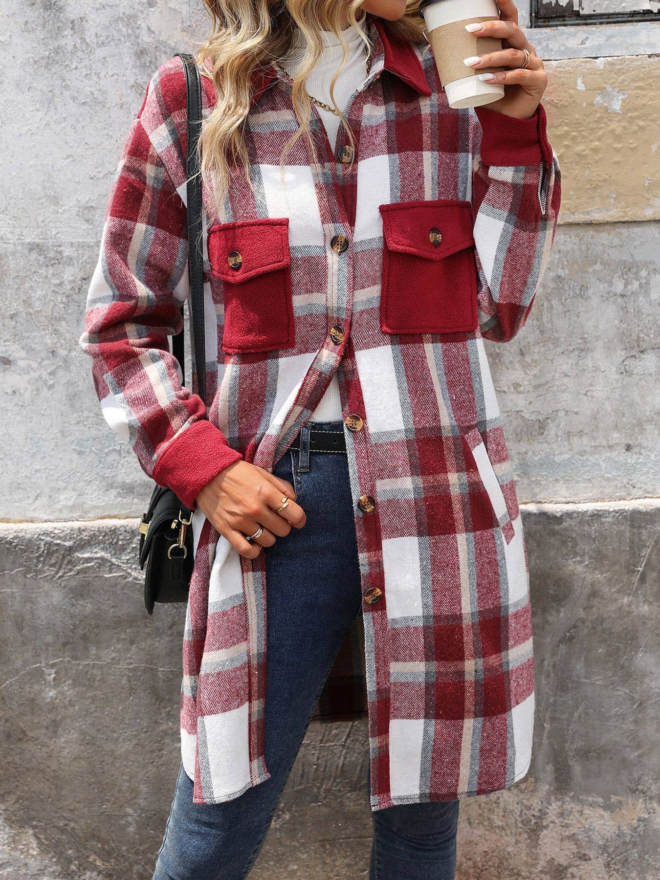 LONG SINGLE BREASTED COAT IN BRUSHED PLAID