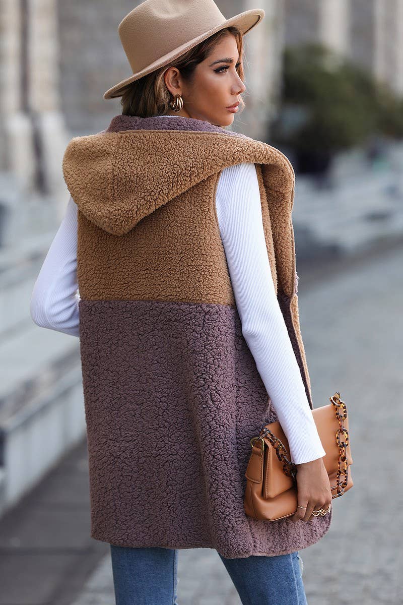 WOMEN SLEEVELESS COLOR BLOCK HOODIE FLEECE JACKET_CWOJA0642