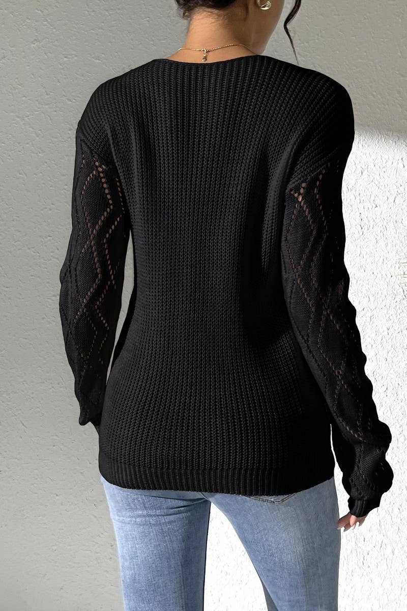 CWOSWL07326_WOMEN LACE V-NECK COLORBLOCK PULLOVER SWEATER