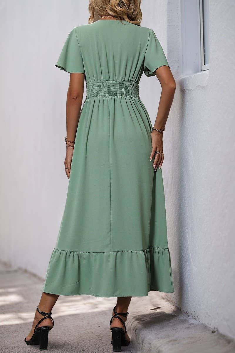 CWDMD4956_SUMMER LIGHT GREEN V-NECK RUFFLE HEM DRESS