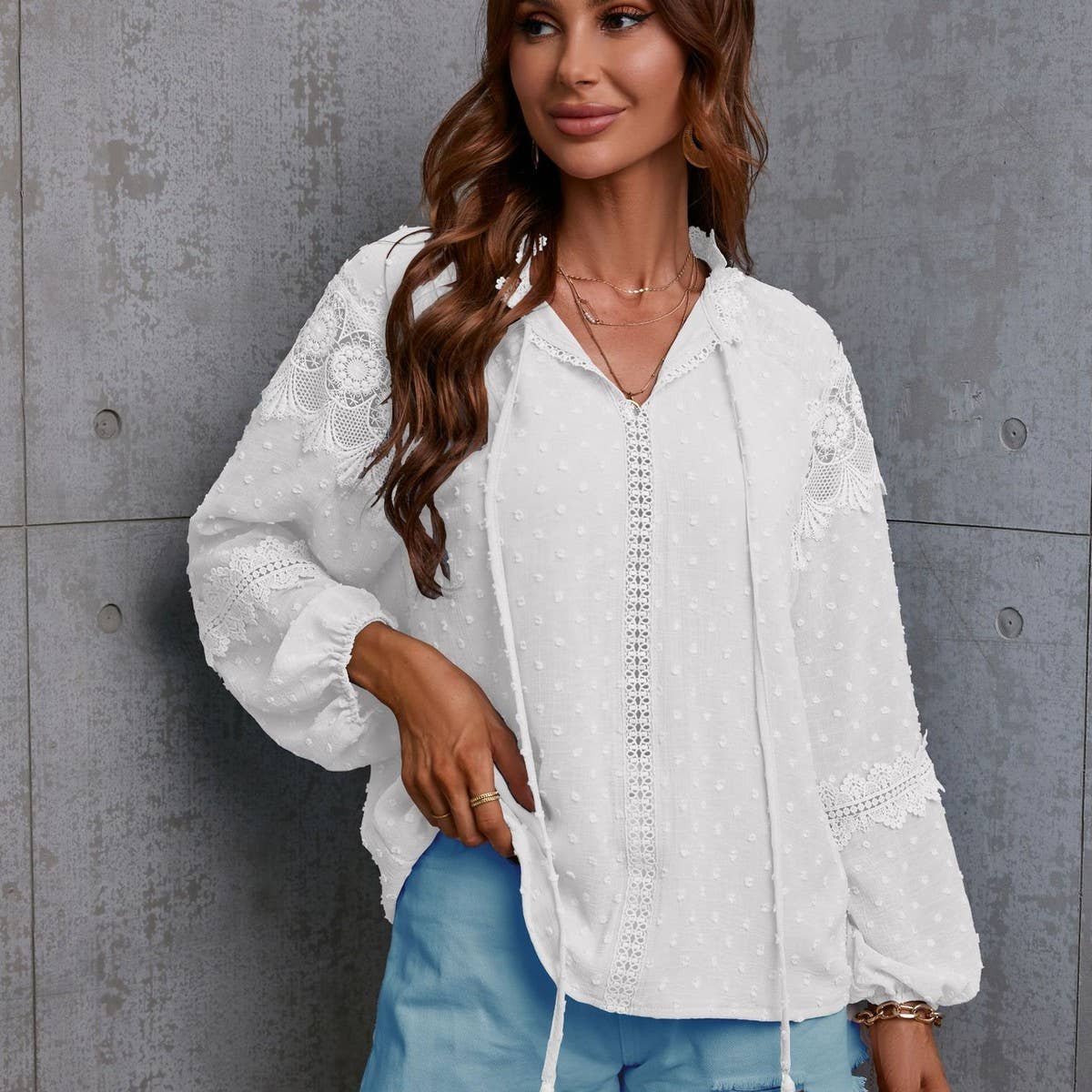 Lantern sleeve polka dot chiffon patchwork lace shirt