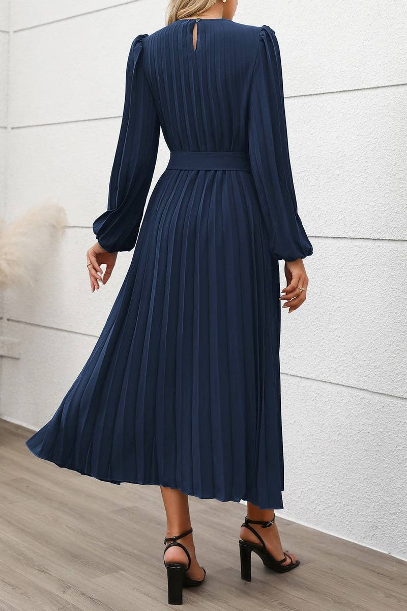 CWDMD01038_ELEGANT VINTAGE LONG SLEEVE PLEATED SOLID DRESS