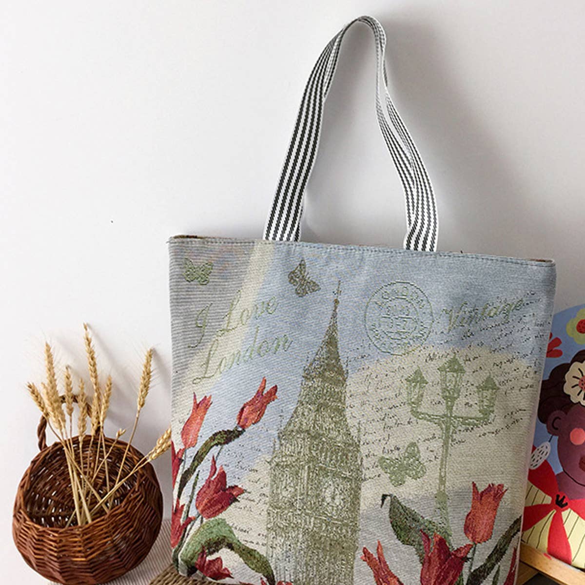 FLOWER JACQUARD CANVAS SHOULDER BAG TOTE BAG_CWAB1677