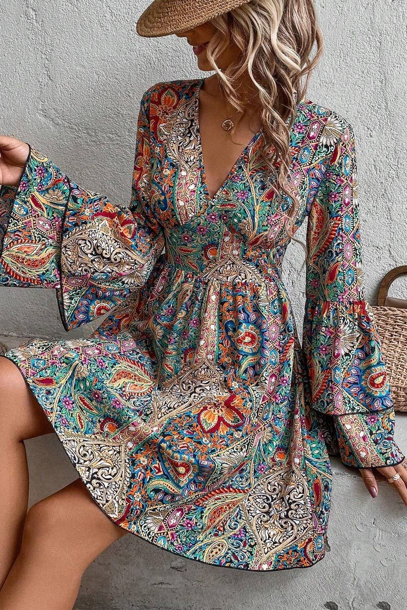 CWDSD6860_FLORAL PRINT V NECK BELL SLEEVE DRESS
