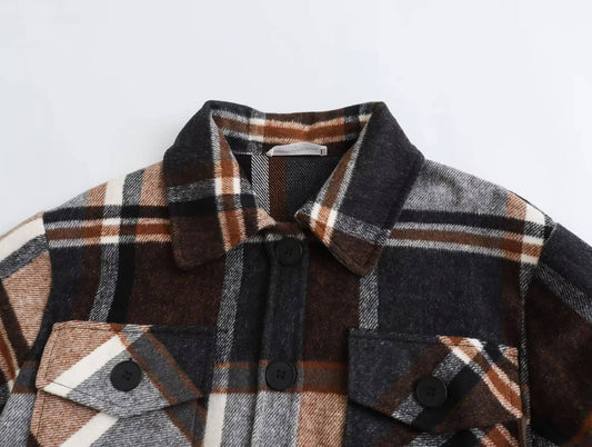 FASHION CASUAL LOOSE WOOL YARN-DYED PLAID SHIRT
