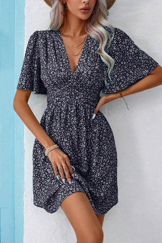 CWDSD7524_SUMMER V-NECK HIGH WAIST FLORAL PLEATED DRESS