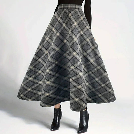 PLAID WOOL THICKENED VINTAGE LONG A-LINE SKIRT