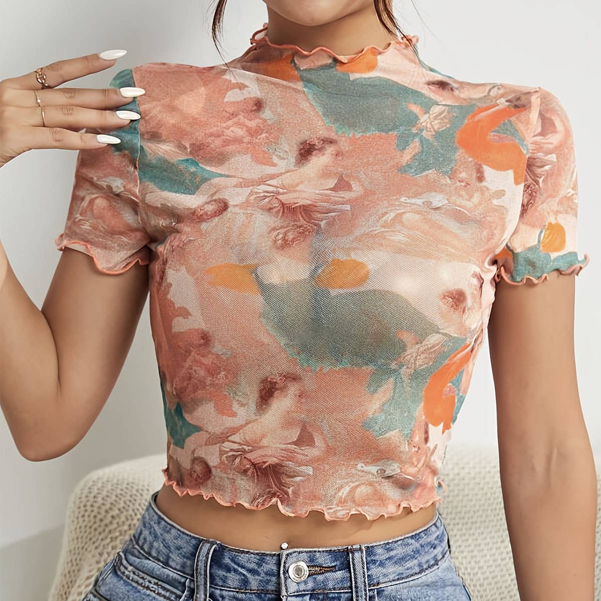 FLORAL PRINT MESH TOP WITH RUFFLE DETAILING