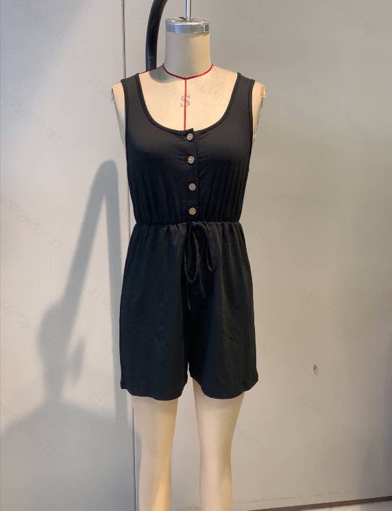 Sleeveless cinched-waist vest jumpsuit shorts