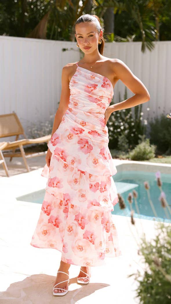 Style one-shoulder halter print long swing dress