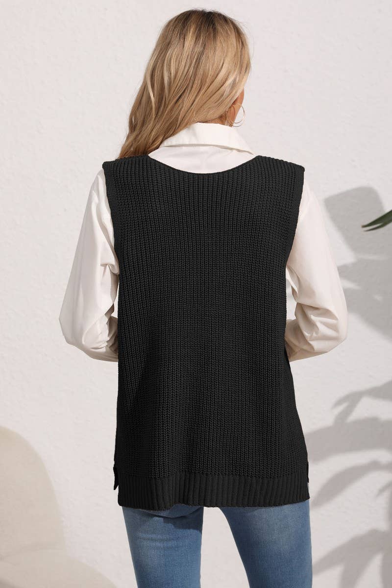 CWOSWL07395_WOMEN¡¯S V NECK KNIT VEST WITH POCKETS