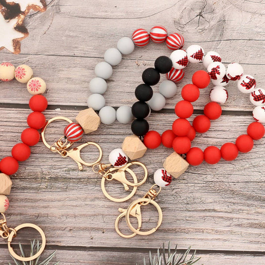 Christmas Wood Bead Bracelet with Silicone Keychain